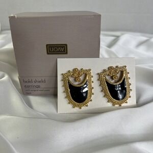 Vinatge Avon 1991 Bold Shield Earrings With Stainless Steel Posts Black Gold New